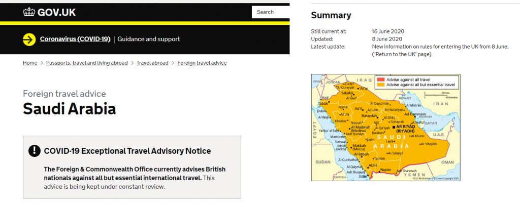 Screenshot of the FCO Travel Advice - taken 16th June 2020 advising British nationals against all but essential international travel to Saudi Arabia.